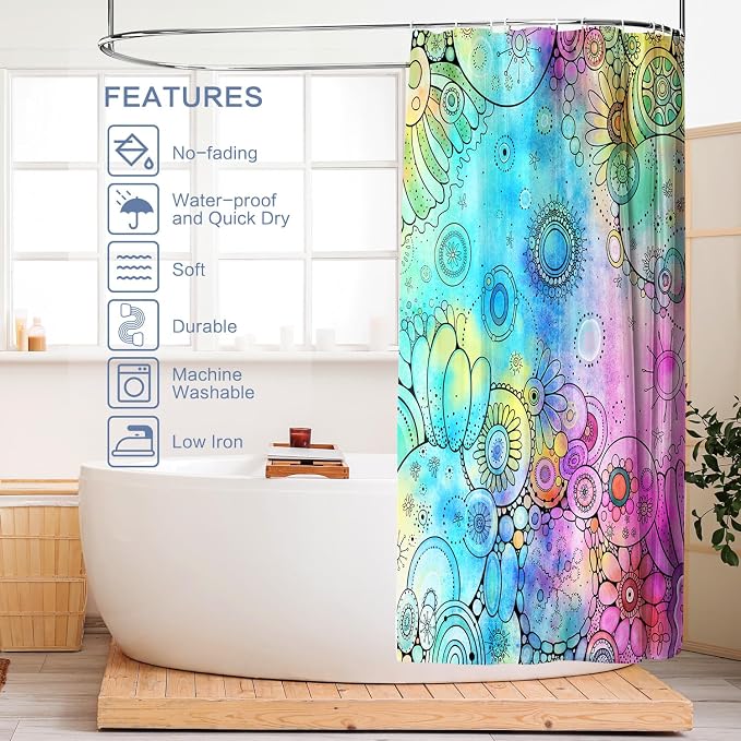 Watercolor Shower Curtain, Doodle Painting Shower Curtain Waterproof Shower Curtain Sets for Bathroom with 12 Hooks Polyester Fabric Machine Washable Home Office Decor Bath Curtain