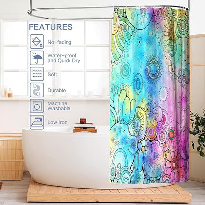 Watercolor Shower Curtain, Doodle Painting Shower Curtain Waterproof Shower Curtain Sets for Bathroom with 12 Hooks Polyester Fabric Machine Washable Home Office Decor Bath Curtain