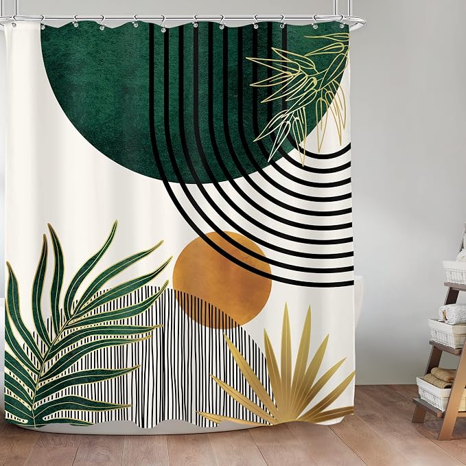 Mid Century Green Boho Shower Curtain Abstract Modern Bathroom Curtain Set | 60Wx72L Plant Botanical Palm Leaves Bathroom Curtains Fabric Waterproof Polyester 12 Hooks