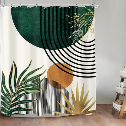 Mid Century Green Boho Shower Curtain Abstract Modern Bathroom Curtain Set | 60Wx72L Plant Botanical Palm Leaves Bathroom Curtains Fabric Waterproof Polyester 12 Hooks