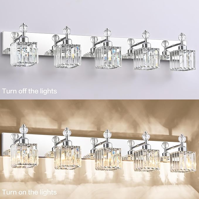 PRESDE 5-Light Crystal Bathroom Vanity Light, Chrom ModernBathroom Lights Fixtures Over Mirror Wall Lamp for Bathroom Bedroom Hallway