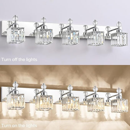 PRESDE 5-Light Crystal Bathroom Vanity Light, Chrom ModernBathroom Lights Fixtures Over Mirror Wall Lamp for Bathroom Bedroom Hallway