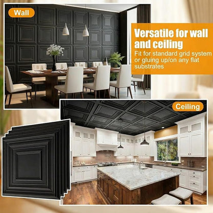 Nuanchu 60 Pcs Drop Ceiling Tiles 12x12 Inch, Glue up PVC Wall Panels,Black | Cuttable, Paintable, DIY, Waterproof, 3D Decorative Ceiling Panels for Bathroom Kitchen TV Background Living Room
