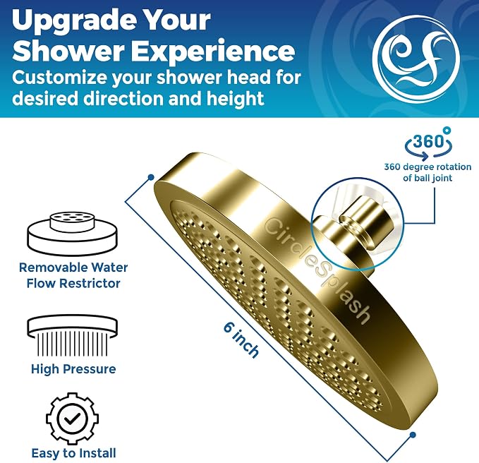 CircleSplash Shower Head - High Pressure 2.5 GPM - Gold | Anti-clog silicone nozzles, removable restrictor, easy-clean fixed replacement