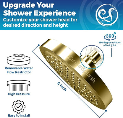 CircleSplash Shower Head - High Pressure 2.5 GPM - Gold | Anti-clog silicone nozzles, removable restrictor, easy-clean fixed replacement