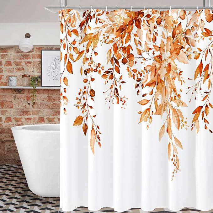 Orange Eucalyptus Shower Curtain, Watercolor Floral Print, 72x84 | Watercolor Plant Leaves Floral Print, Waterproof Fabric Bathroom Decor, Machine Washable, Rustproof Grommets