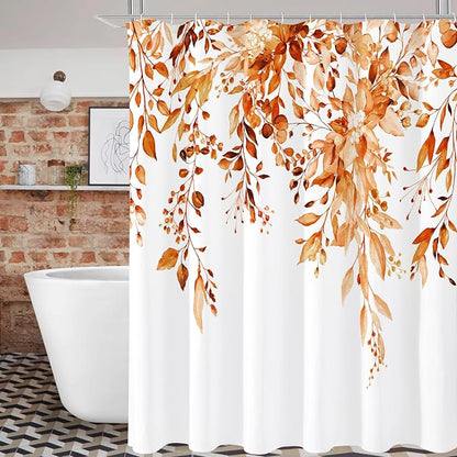 Orange Eucalyptus Shower Curtain, Watercolor Floral Print, 72x84 | Watercolor Plant Leaves Floral Print, Waterproof Fabric Bathroom Decor, Machine Washable, Rustproof Grommets