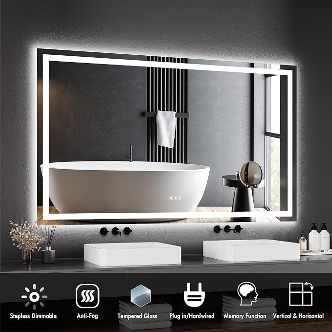 LED Bathroom Wall Mirror 60 x 36 Inch, Frameless Vanity Mirror with Front Light & Ambient Backlight, Single Front LED Strip with 150mm Suction 3X Mirror, Dimmable & Adjustable Color Tempera
