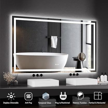 LED Bathroom Wall Mirror 60 x 36 Inch, Frameless Vanity Mirror with Front Light & Ambient Backlight, Single Front LED Strip with 150mm Suction 3X Mirror, Dimmable & Adjustable Color Tempera