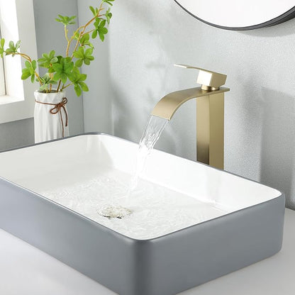 Vessel Sink Faucet, JXMMP Brushed Gold Bathroom Faucet Single Hole with Supply Hose and Pop Up Drain, Single Handle Waterfall Faucet for Bowl Sink, 1 Hole Vanity Faucet, JXM1221BG