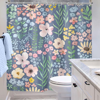 Blue Floral Cute Colorful Kids Girly Spring Art Bathroom Shower Curtain Set | 72"W x 72"H Botanical Plants; waterproof HD print, quick-dry fabric with 12 hooks for easy hanging.