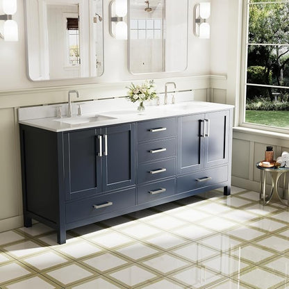 80-Inch Bathroom Vanity with Sink, 4 Soft-Close Doors and 6 Soft-Close Drawers, Bathroom Freestanding Vanity with Cultured Marble Countertop, Navy Blue Vanity with Brushed Nickel Handles