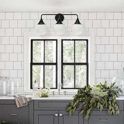Bathroom Vanity Light Fixtures: 3 Lights Mid Century Modern Bathroom Lighting Fixtures Over Mirror - Matte Black Wall Sconce with Milky White Globe Glass for Bath Living Room