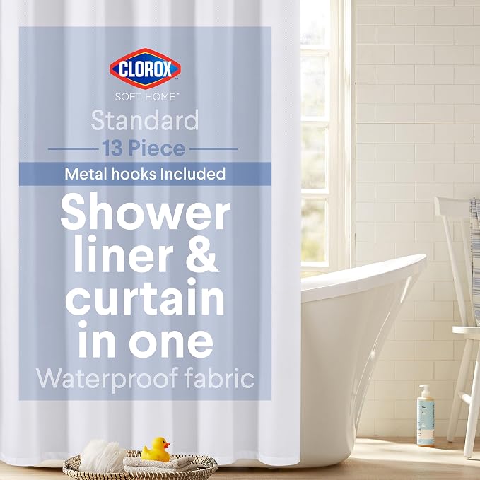 Clorox 2-in-1 Bathroom Shower Curtain Liner w Metal Hooks, Durable Fabric, Weighted Magnets for Bath Water Control, Washable Premium Quality, Modern - 72" x 72" White