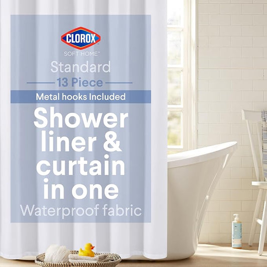 Clorox 2-in-1 Bathroom Shower Curtain Liner w Metal Hooks, Durable Fabric, Weighted Magnets for Bath Water Control, Washable Premium Quality, Modern - 72" x 72" White