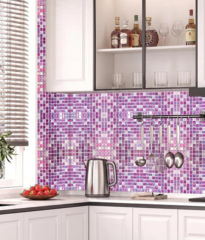 3D Mosaic Tile Sticker Removable Wallpaper Tile, 3D Self Adhesive Wall Tiles Bathroom Wall Tiles for Kitchen Backsplash Purplish Pink,PVC Square Decorative Vinyl Decals,4 Sheets
