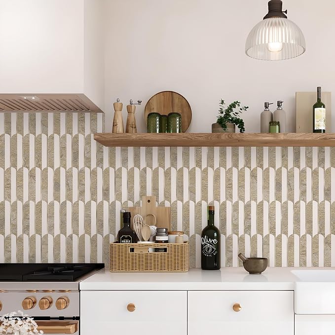 Vamos Tile Peel and Stick Backsplash Seamless Tile,PVC+Light Gold,10 Sheets | Stick on Backsplash for Kitchen & Bathroom,Honey Travertine+White+Light Gold Self Adhesive Backsplash Tile 11.9''x10.8''