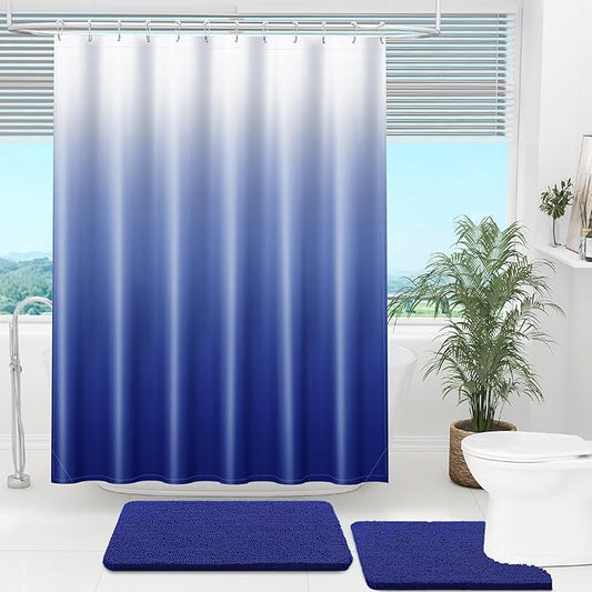 OLANLY Luxury Royal Blue and White Ombre Shower Curtain Sets with 12 Hooks, Waterproof and Washable Decorative Shower Curtains for Bathroom, 72x72 Inches
