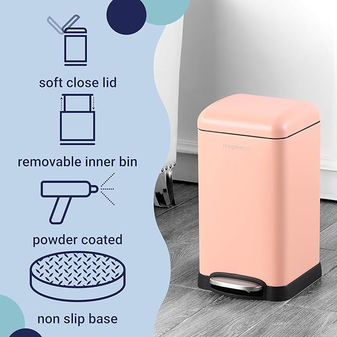 happimess Betty Retro Mini 3.2 Gal Step Trash Can, Flamingo Pink | Soft-Close Lid, Removable Liner, Iron, Hands-Free Pedal, Satin Finish, Non-Skid Base, Built-In Damper, Modern, Minimalistic