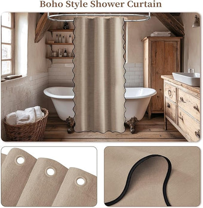 BTTN Boho Stall Shower Curtain, 36×72 Scalloped Linen Textured Heavy Duty Fabric Shower Curtain Set with 6 Hooks, Half Modern Rustic Farmhouse Waterproof Cloth Shower Curtains for Bathroom, Tan/Taupe