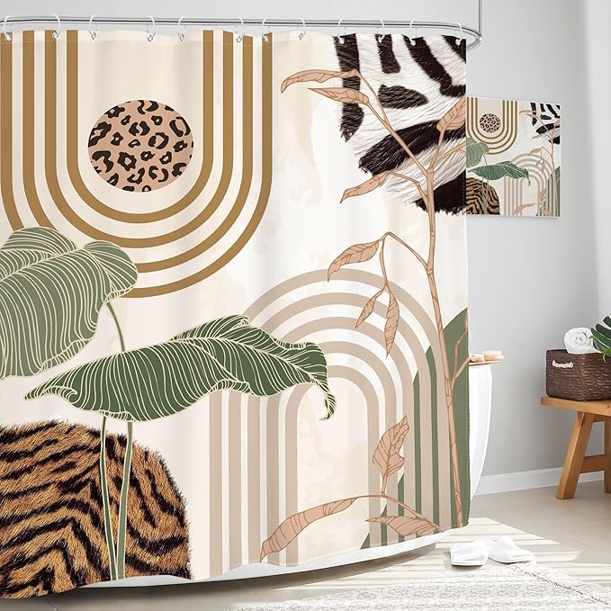 Glawry Green Abstract Shower Curtain Boho Tropical Leaves Palm Leaf Mid Century Minimalist Modern Bathroom Leopard Print Fur 60Wx72L Inches Bath Accessories Art Home Decor Fabric 12 Pack Hook