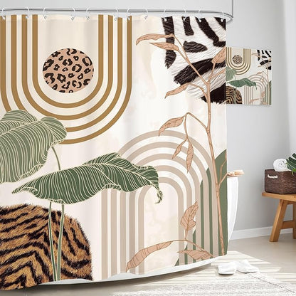 Glawry Green Abstract Shower Curtain Boho Tropical Leaves Palm Leaf Mid Century Minimalist Modern Bathroom Leopard Print Fur 60Wx72L Inches Bath Accessories Art Home Decor Fabric 12 Pack Hook