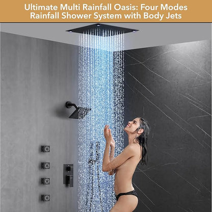 VANFOXLE Shower Faucet Set Matte Black Shower System,Shower Faucet with 2 in 1 Handheld,Ceiling Mount 16 Inch LED Shower Head+6 Inch Shower Head(Rough-in Valve Body and Trim)