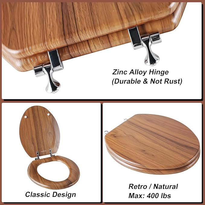 Round Toilet Seat Molded Wood Toilet Seat with Zinc Alloy Hinges, Easy to Install also Easy to Clean, Anti-pinch Wooden Toilet Seat by Angol Shiold (Round, Natural)