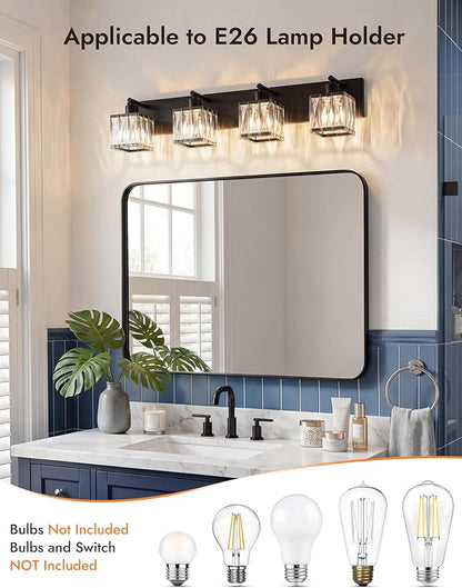 VOLISUN Black Bathroom Light Fixtures, Modern Bathroom Lighting Fixtures Over Mirror, 4 Light Bathrooms Vanity Light, Crystal Vanity Light for Bathrooms-UL Certificated(Exclude Bulb)
