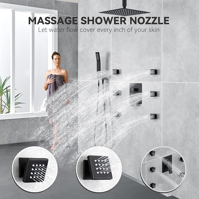Rain Shower System With Complete 6 Pcs Body Sprays Jets And Pressured Balance Rough-in Valve,12Inch Rainfall Shower Head And Handheld, Modern Matte Black Ceiling Mount Shower Faucets Sets