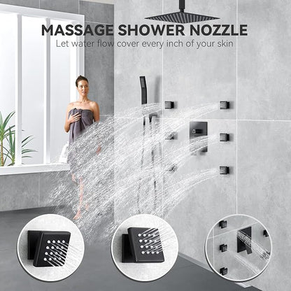 Rain Shower System With Complete 6 Pcs Body Sprays Jets And Pressured Balance Rough-in Valve,12Inch Rainfall Shower Head And Handheld, Modern Matte Black Ceiling Mount Shower Faucets Sets