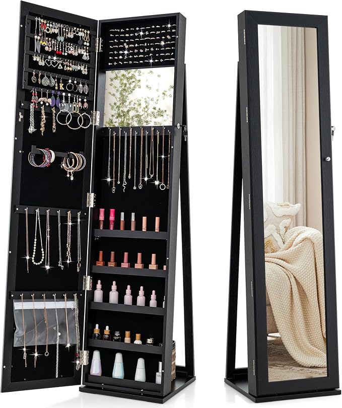 COSTWAY Standing Jewelry Cabinet, Large Capacity Jewelry Organizer w/Full-Length Mirror & Rear Storage Shelves, Lockable Mirror Jewelry Armoire with Keys for Girls Women (Black)
