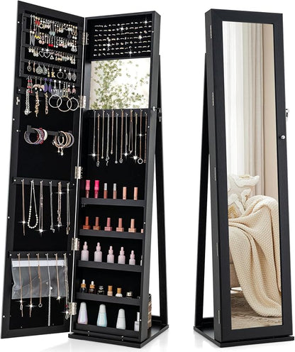 COSTWAY Standing Jewelry Cabinet, Large Capacity Jewelry Organizer w/Full-Length Mirror & Rear Storage Shelves, Lockable Mirror Jewelry Armoire with Keys for Girls Women (Black)