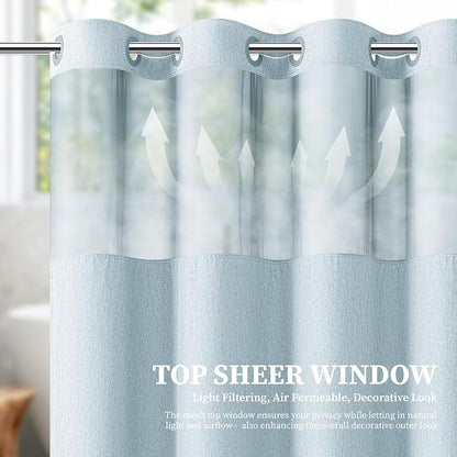 Fog Blue Ringless Linen Textured Shower Curtain with Snap Liner, 72x75 | 3 in 1 Modern Shower Curtain Set, Removable Liner, Waterproof & Washable, Mesh Top Window, Durable Fabric, Easy to Install