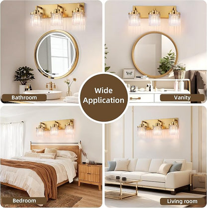 Modern 3-Light Gold Vanity Lights, Crystal Glass Bathroom Fixtures | Brushed Gold Finish, Rust-resistant Metal, Industrial Design, E26 Compatible, Over Mirror Wall Light for Bathroom Restroom