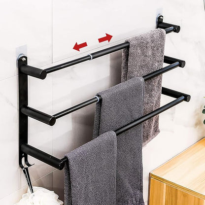 Towel Bars Freely Retractable 20-30 Inche Stainless Steel 304 Bath Towel Rack Strong 3M Adhesive Bathroom Wall-mounting Free mounting Hole-Installing washroom Kitchen Space Saving Black-3 Bars