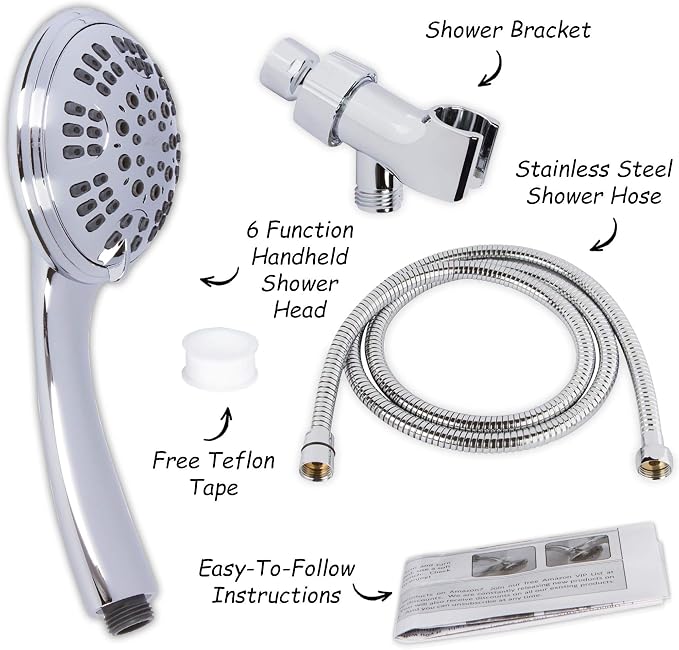 Luxury Handheld Shower Kit - 2.5 GPM - Polished Chrome | 6 Function High Pressure Removable Hand Held Showerhead with Hose and Mount, Easy Install for Boosting Low Water Flow Baths