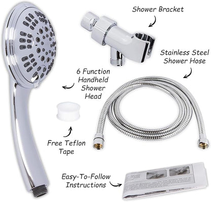Luxury Handheld Shower Kit - 2.5 GPM - Polished Chrome | 6 Function High Pressure Removable Hand Held Showerhead with Hose and Mount, Easy Install for Boosting Low Water Flow Baths
