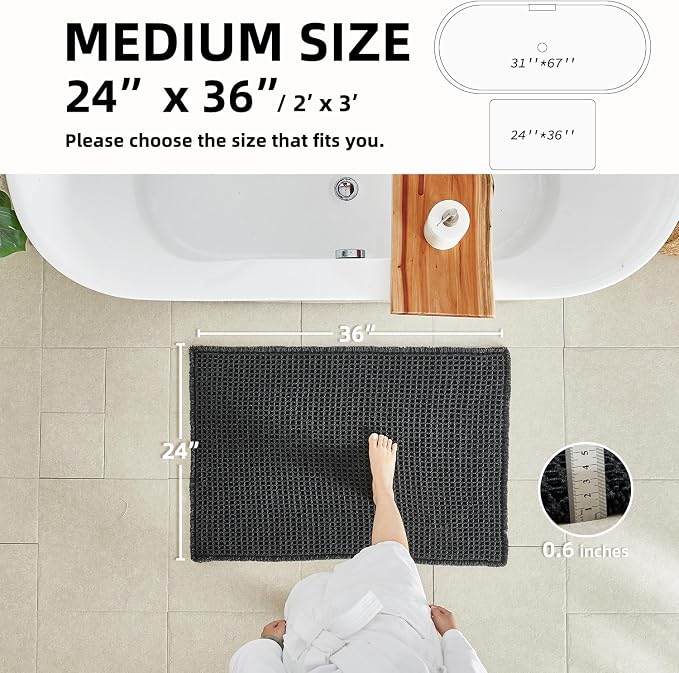TYUU Black Waffle Bath Mat, Boho Bathroom Rugs Non Slip Washable, 36x24 | Super Absorbent Quick Dry Bath Rug, Non-Slip Backing, Soft Waffle Washable Farmhouse Bathroom Mats, Tub, Shower & Home Decor