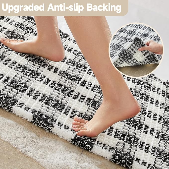 TYUU Waffle Runner Rug Bathroom, Long Boho Bath Mat, 72x24 Black & White | Super Absorbent Quick Dry Bath Rug, Non-Slip Backing, Soft Waffle Washable Farmhouse Bathroom Mats, Tub, Shower & Home Decor