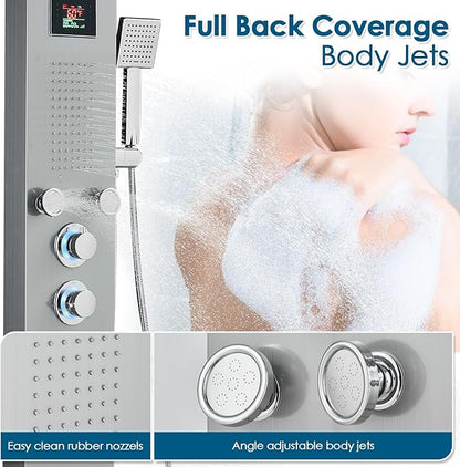 ROVOGO No Battery Needed Shower Panel System with Led Lights MIST & RAIN Shower, Body Jets, Handheld, Tub Spout and Temp Display, Hydroelectric Led Shower Tower Column Stainless Steel Brushed