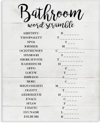 Bathroom Word Scramble Typography, 36 x 48 Inch Canvas Wall Art | Stupell Industries · By Lil' Rue · Ready to hang · Fun bath and laundry decor · Made in USA