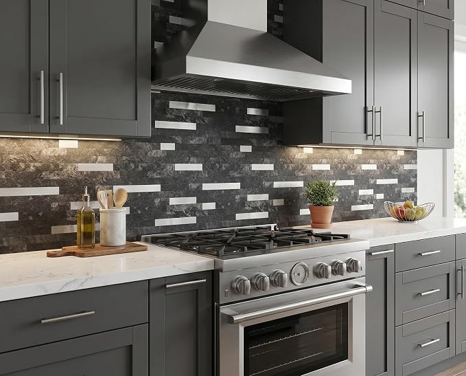 Yipscazo 20 Sheets Peel and Stick Stone Metal Tile Backsplash, Stick on Tiles for Backsplash Kitchen, Bathroom, Laundry Room, Camper, Fireplace (12'' X 12'', Dark Black)