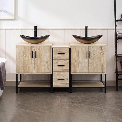 UEV Rustic 60" Double Sink Bathroom Vanity with Sink Combo,Industrial Iron Frame Bathroom Cabinet Sets with Middle 3 Drawers Cabinet (Rustic Oak, 029CH)