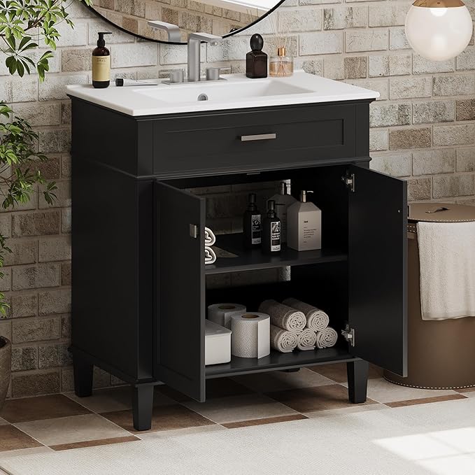 Favfurish 30" Bathroom Vanity with Ceramic Sink,Undermount Single Basin Bath Vanity Set w/2 Soft-Close Doors and Adjustable Shelf,Modern Freestanding Storage Cabinet,Solid Wood Frame,Black