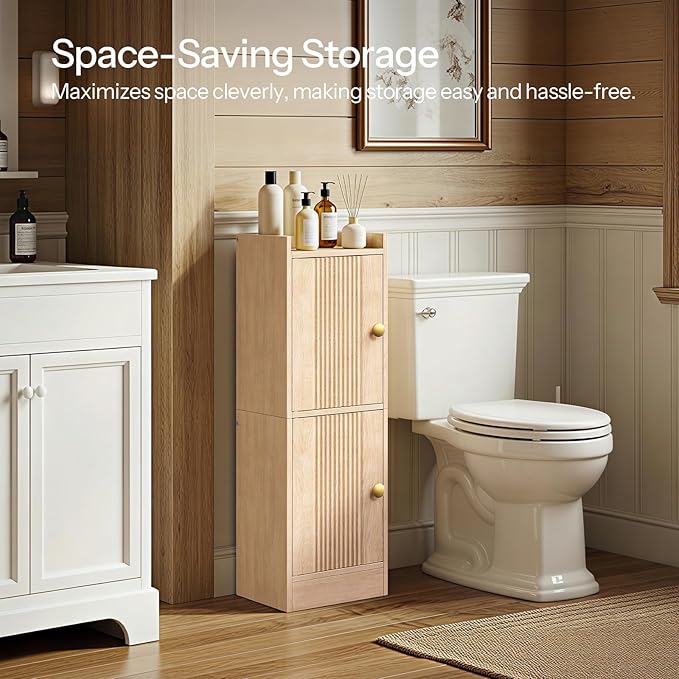 HOOBRO Small Bathroom Storage Cabinet, 9.8" W x 7.9" D x 30.7" H Small Cabinet for Bathroom with Doors, Farmhouse Floor Cabinet with 2 Adjustable Shelves, Narrow Toilet Paper Cabinet, Natural