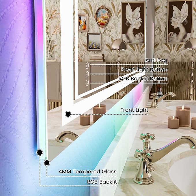 84x32 Inch RGB LED Bathroom Mirror with Lights | Front and RGB Backlit, Dimmable, Memory, Anti Fog, Shatterproof, Horizontal/Vertical, Lighted Mirrors for Bathroom Wall