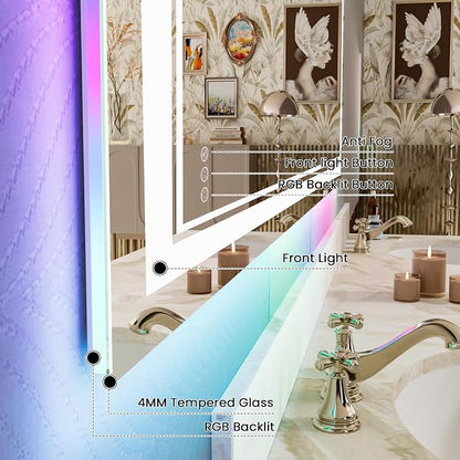 84x32 Inch RGB LED Bathroom Mirror with Lights | Front and RGB Backlit, Dimmable, Memory, Anti Fog, Shatterproof, Horizontal/Vertical, Lighted Mirrors for Bathroom Wall