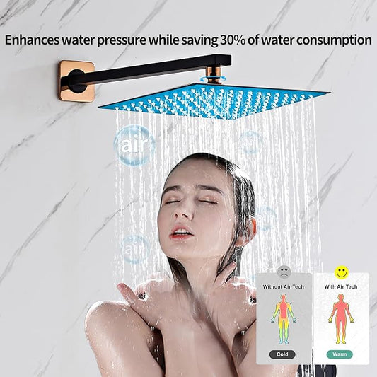 Black Gold Shower Tub Faucet Set, Wall Mounted 12 Inch Shower Heads with Handheld Spray Combo and Tub Shower Faucet, Luxury Bathroom Square Rain Shower System - 4 Hooks