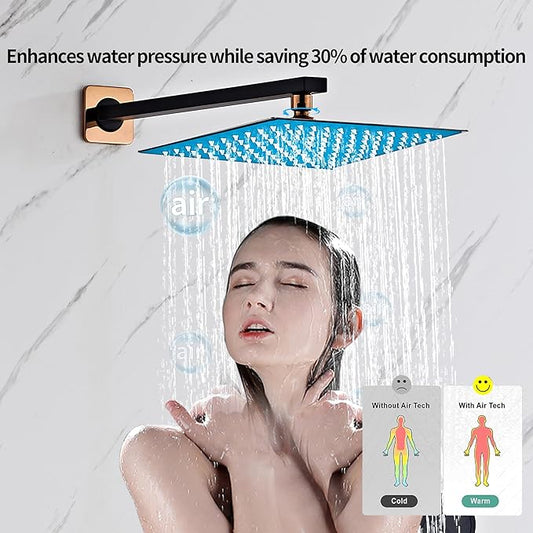 Black Gold Rainfall Shower Head, Wall Mounted 12 Inch Shower Heads with Handheld Spray Combo, Luxury Bathroom Square Rain Shower System, Solid Brass Pressure Balancd Shower Faucet Valve